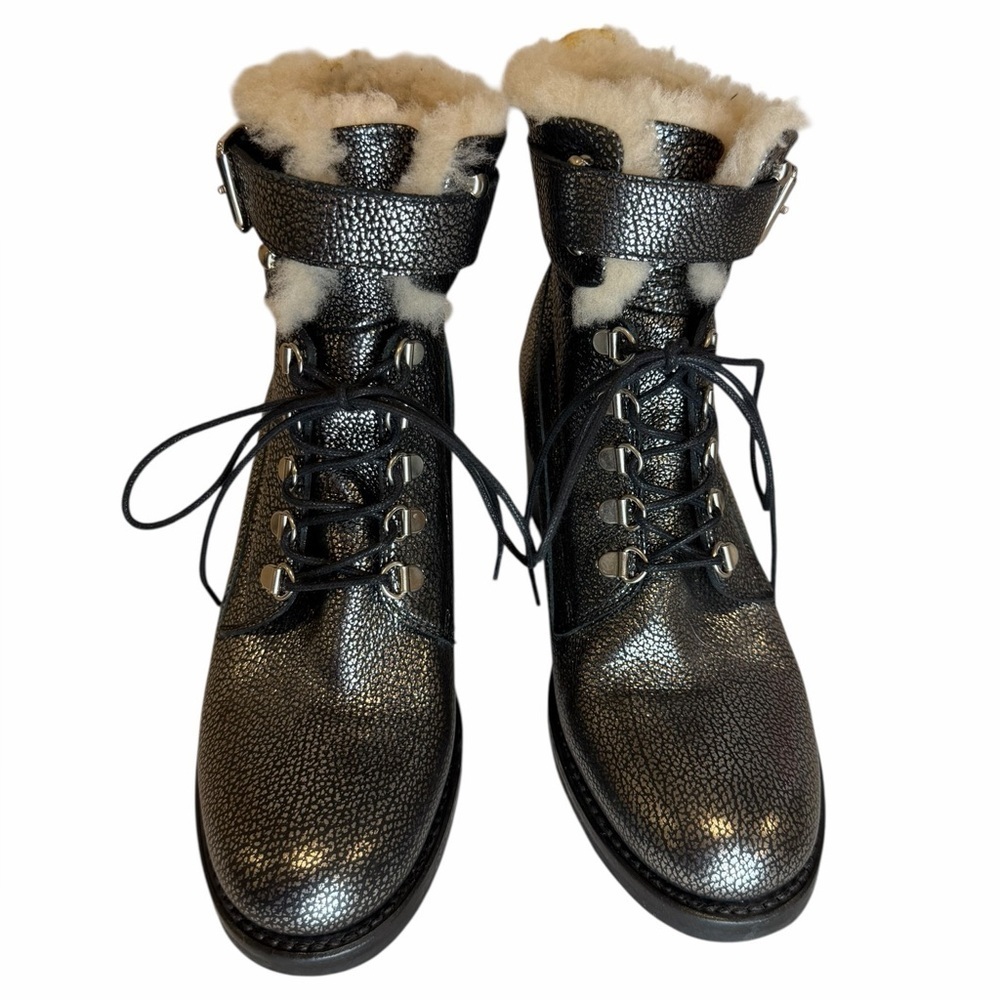 FREE LANCE Paris Shearling Lined Leather Combat Boots EU 39 Silver Metallic - Picture 8 of 14